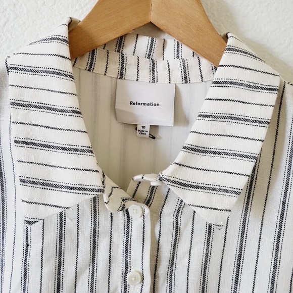 Unworn Reformation Arella Linen Mini Shirt Dress in Elsie Stripe Stripe - Picture 7 of 12